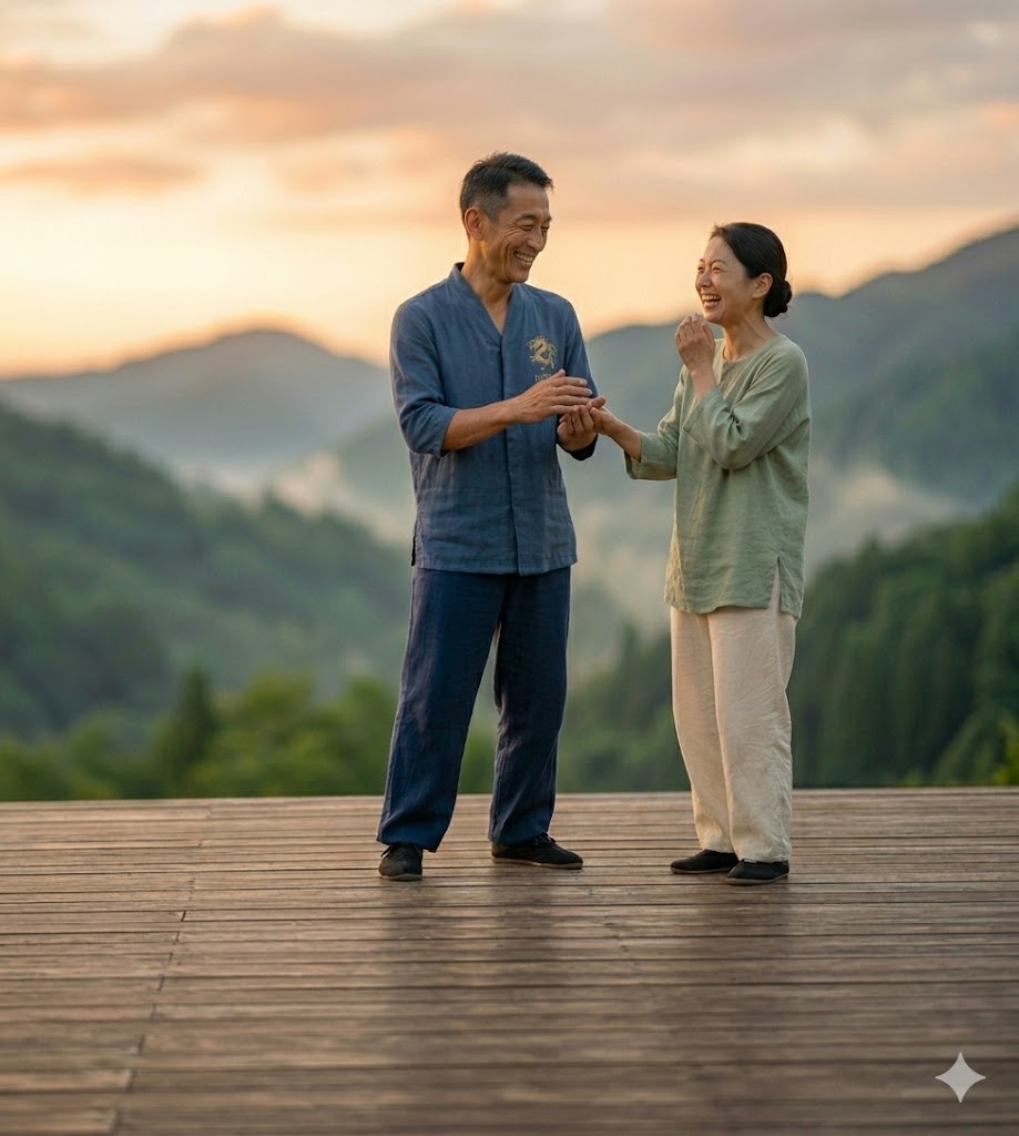 笑顔で推手を行う風景
